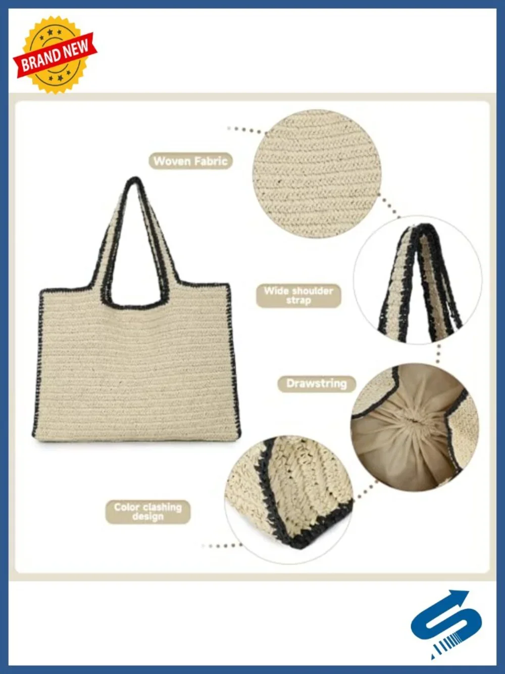 Handwoven Large Straw Beach Tote Bag for Women Summer Travel Shoulder Handbag